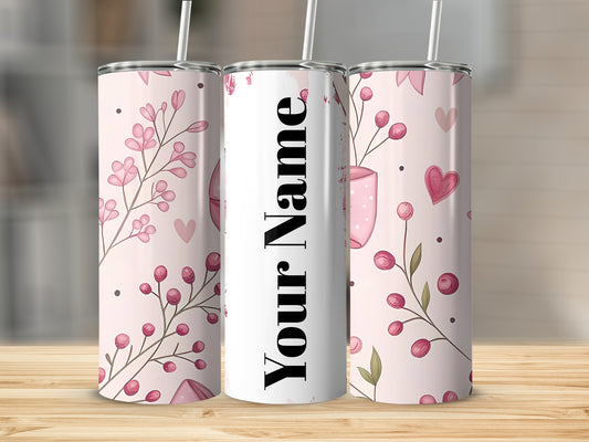 Customizable Pink Floral Tumbler with Heart Design