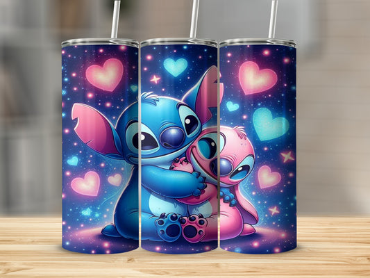 Cute Blue and Pink Characters with Hearts Tumbler Cup