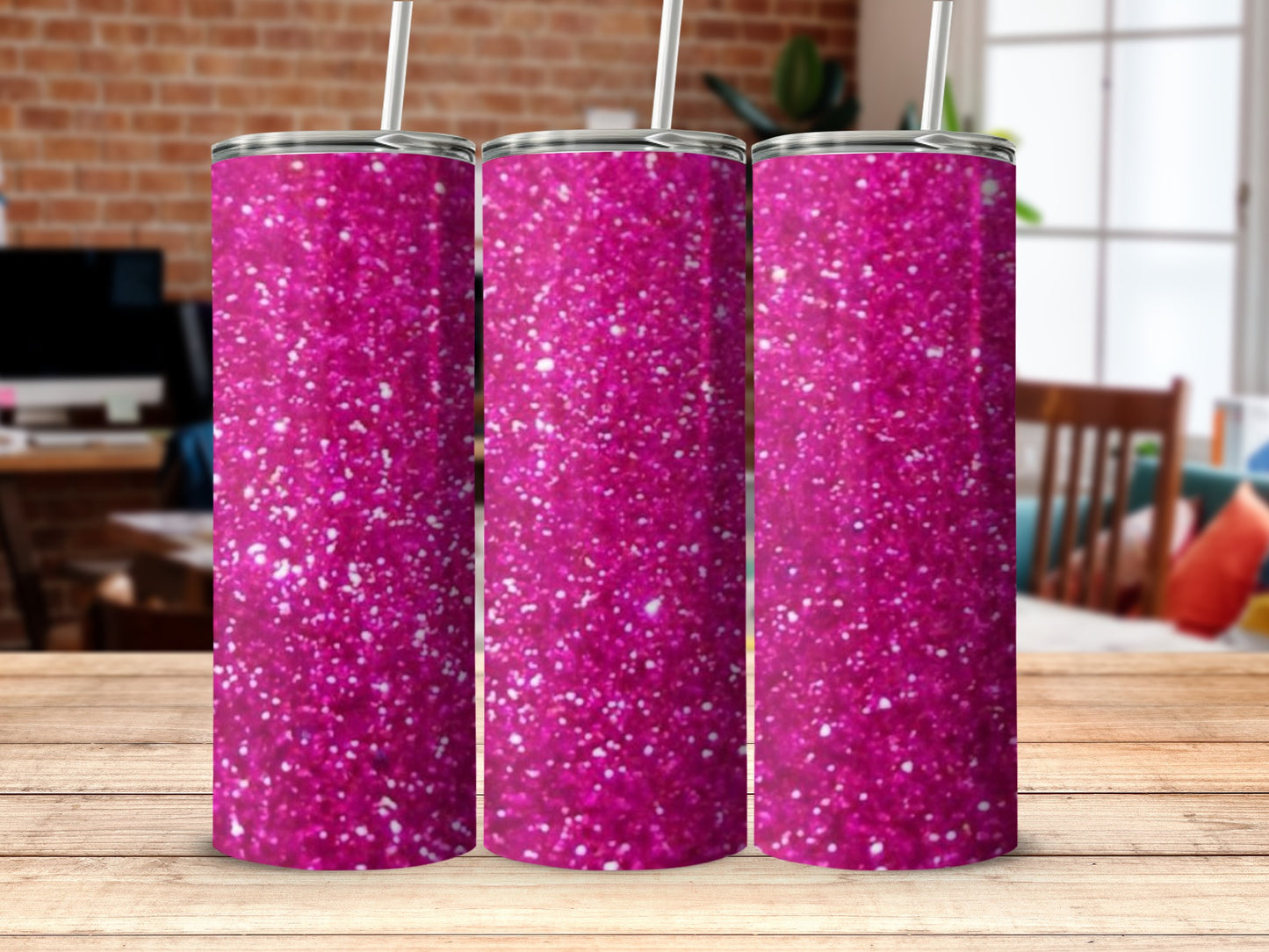 Sparkling pink glitter tall tumbler beverage product