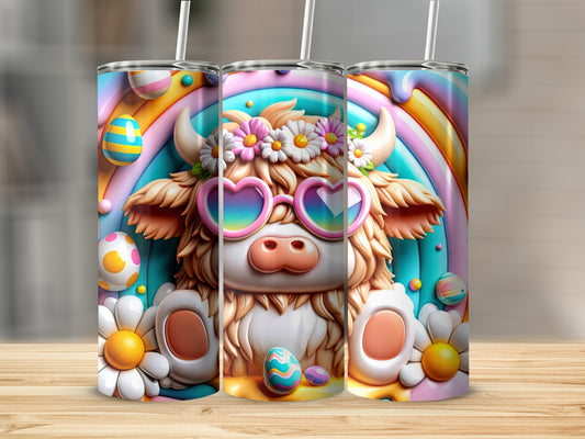 Cartoon cow with heart glasses, flowers, and Easter eggs with rainbow background.