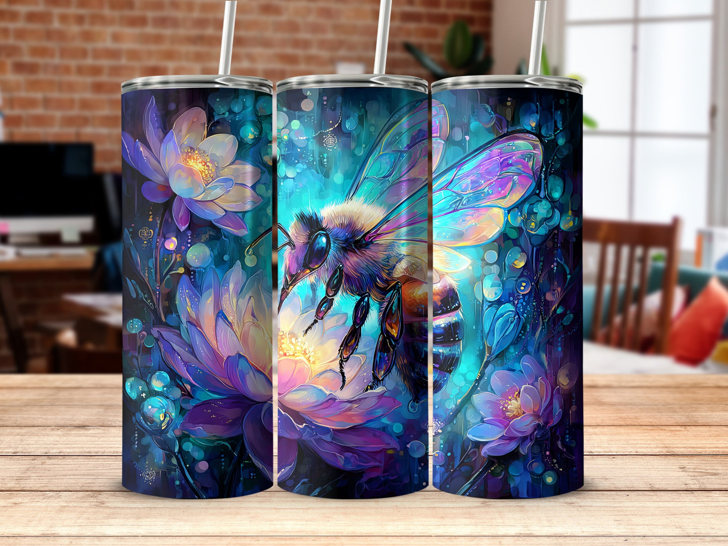 Vibrant Bee and Lotus Flower Design on Tumbler Cup
