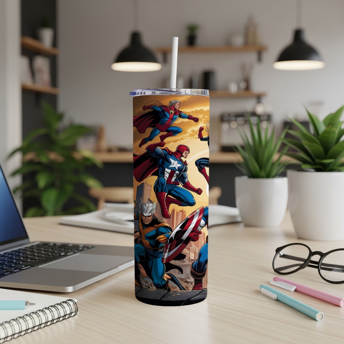 Superhero characters Captain America, Iron Man, Thor, and Hulk on a white tumbler with a straw.