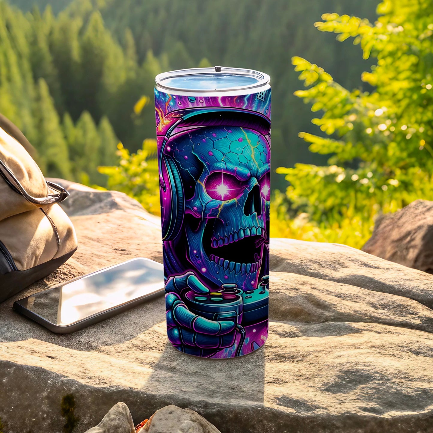 Skull gamer with headphones and controller on rock, smartphone and backpack nearby.