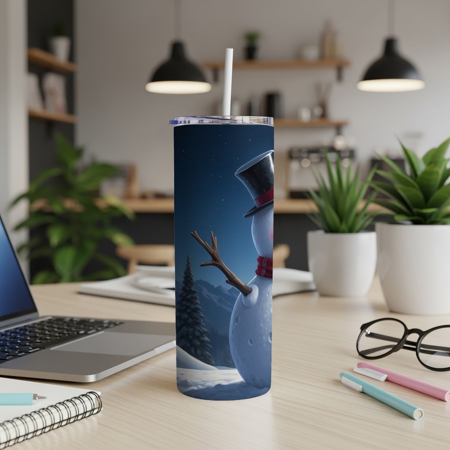 Snowman in hat and scarf on a tumbler with a winter forest background.
