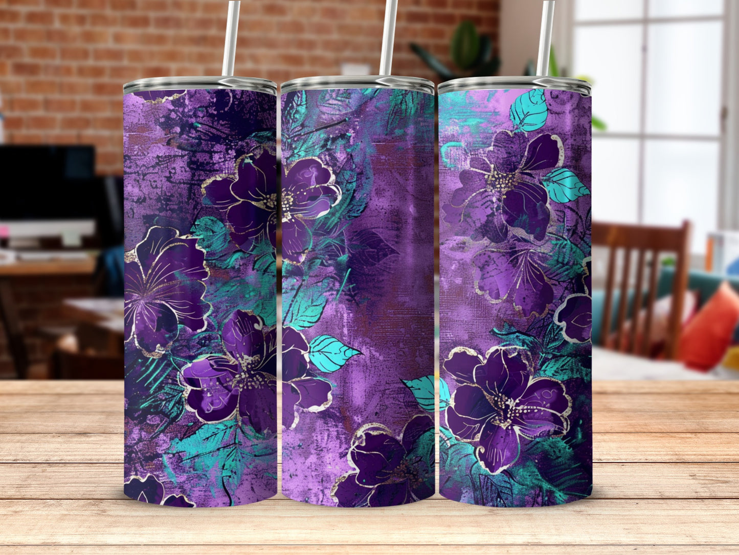 Purple Floral Pattern Tumbler Cup for Stylish Beverage
