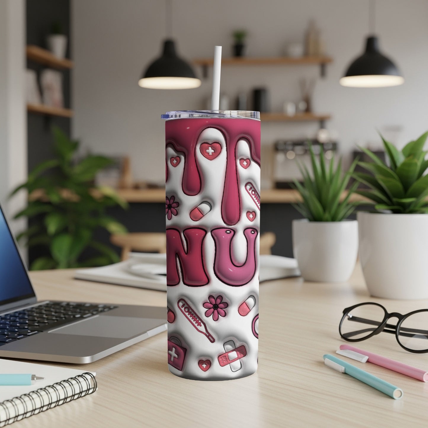 Pink tumbler with "NURSE" in raised white letters and medical icons.