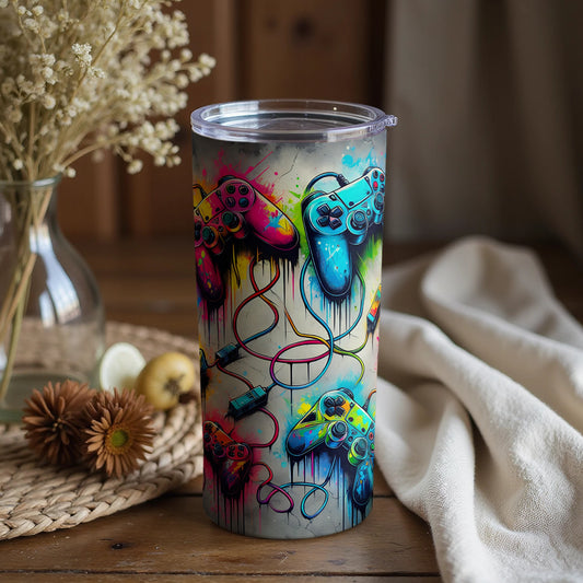 Vibrant Controllers Themed Tumbler for Gaming Enthusiasts