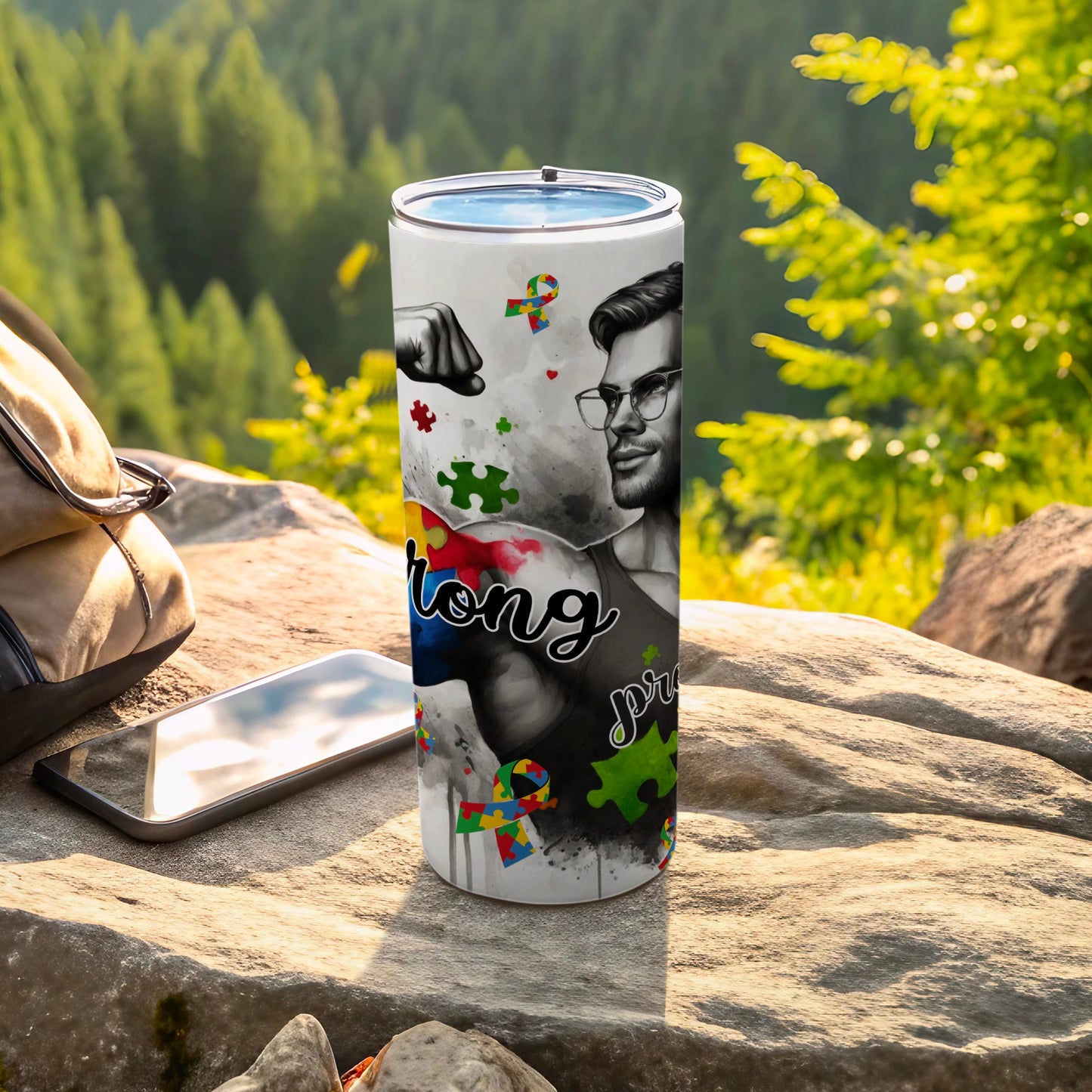 Tumbler featuring puzzle pieces, a fist bump, and a man with glasses.
