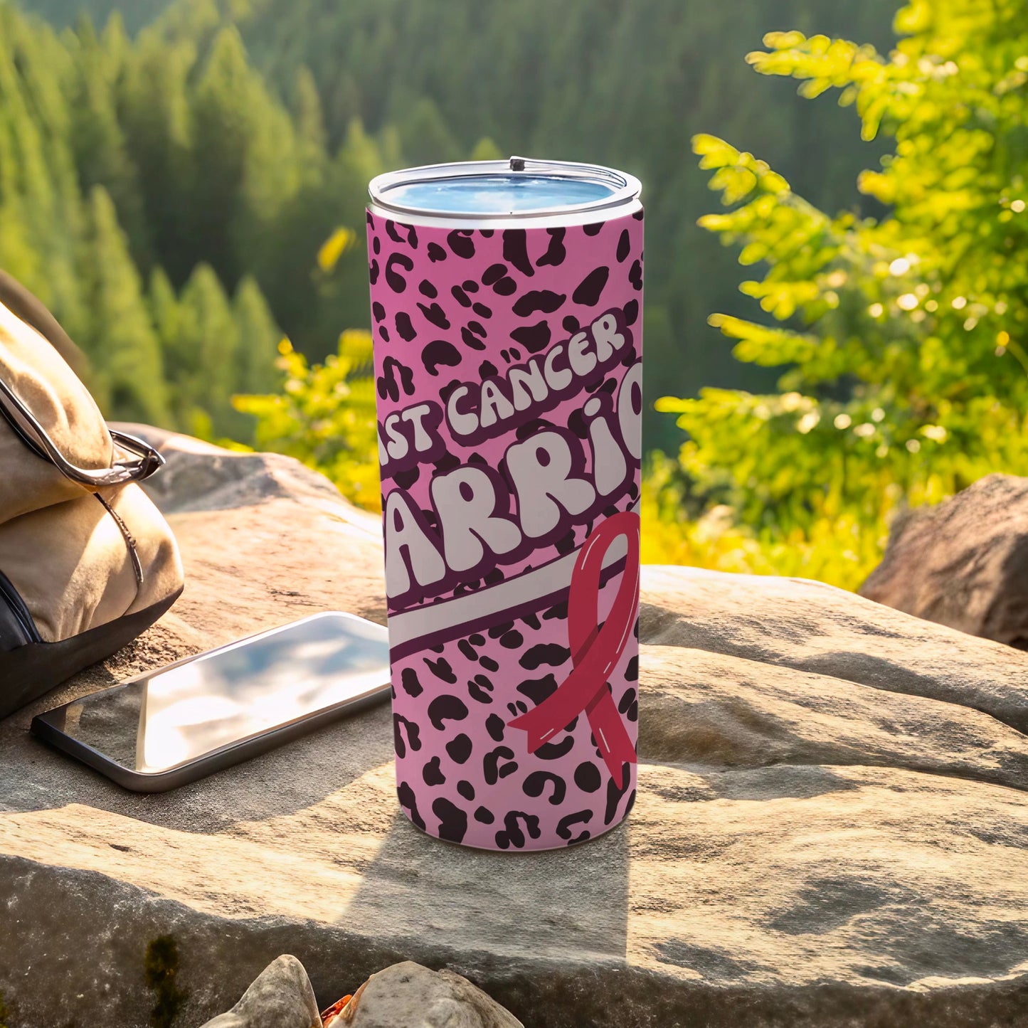 Pink leopard print tumbler with "Fight Cancer" text and ribbon graphic.