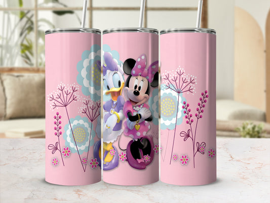 Cute Cartoon Characters Pink Floral Design Tumbler