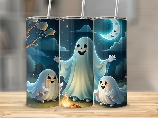 Three tumblers with a nighttime Halloween scene featuring ghosts, moon, and campfire.