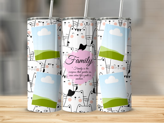 Tumblers with a white cat pattern, photo slots, and the quote "Family is the compass that guides us".