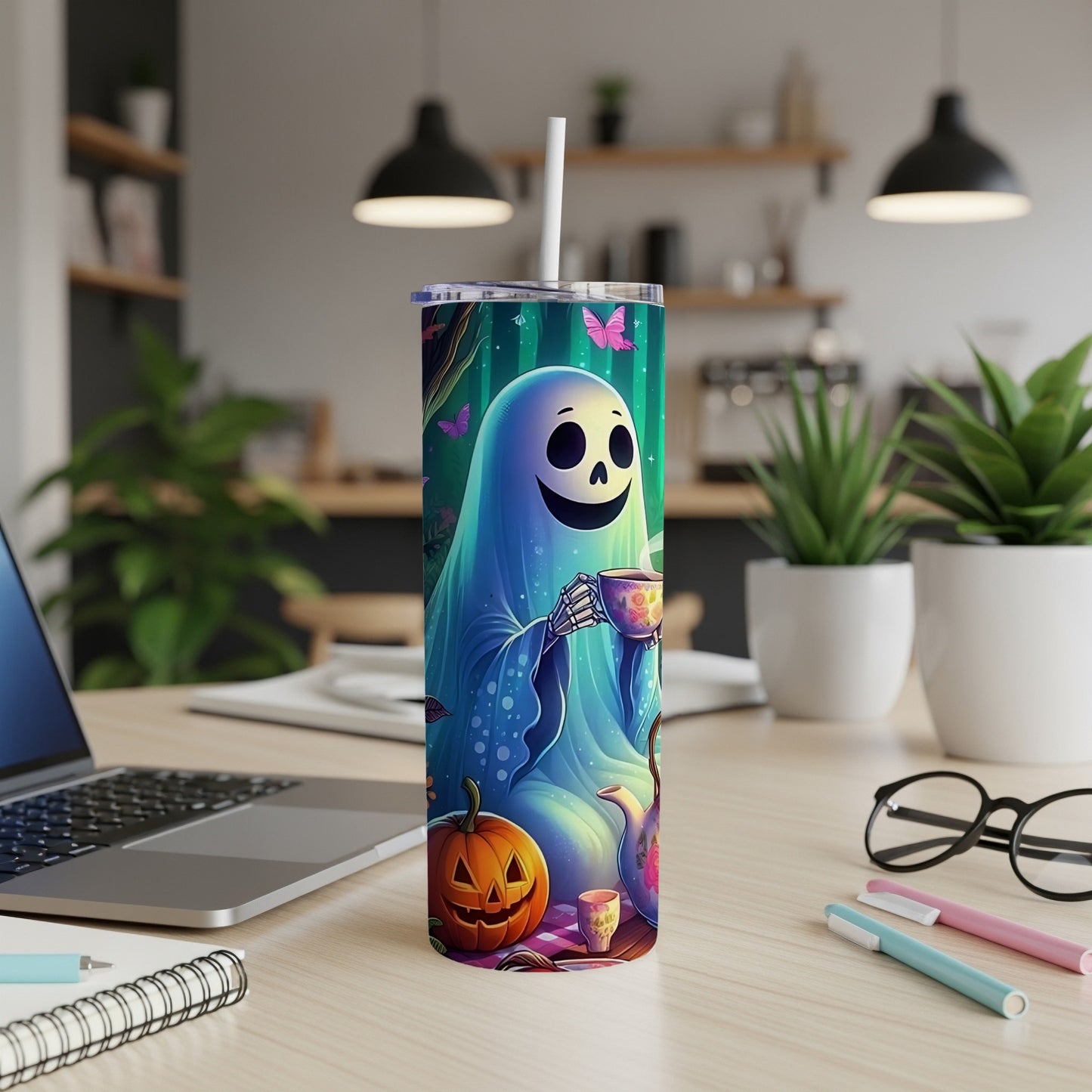 Tumbler featuring a cute ghost holding a teacup with a pumpkin and butterflies.