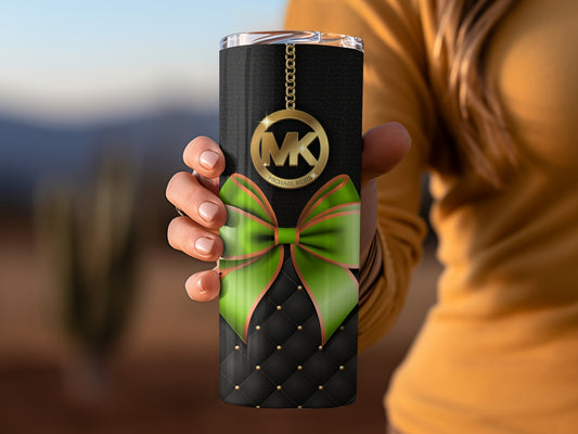 Stylish Travel Tumbler Featuring Green Bow and Logo Design