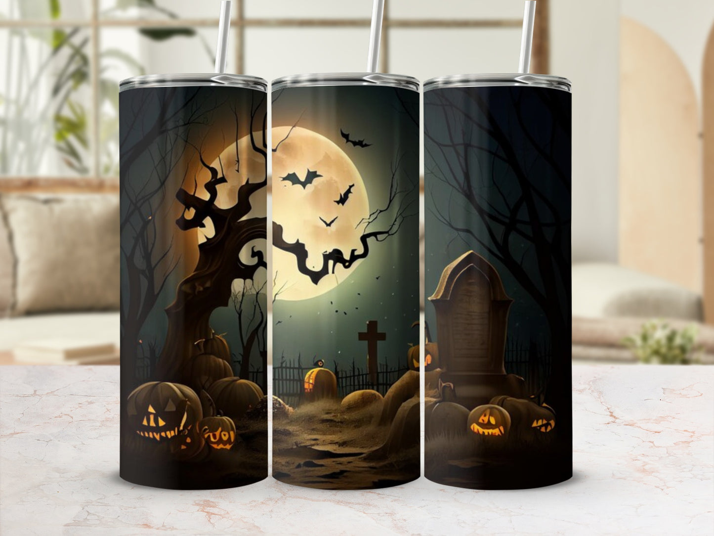 Spooky Halloween Night Theme Tumblers with Bats