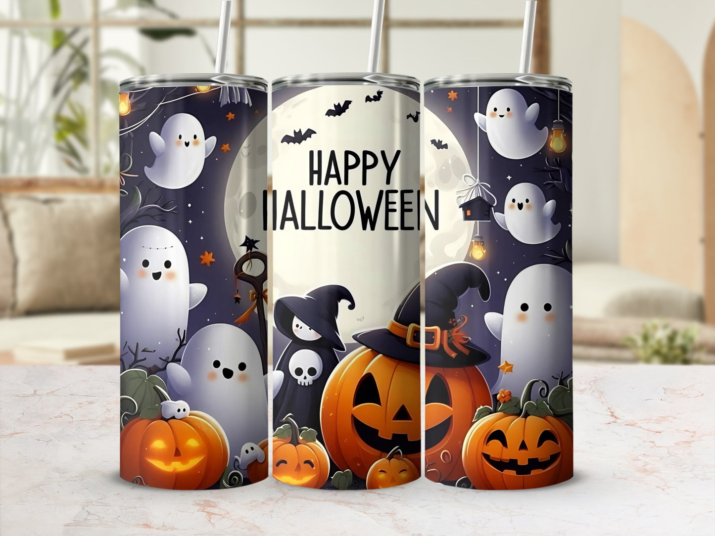 Cute Halloween Ghosts and Pumpkins Tumbler Cup