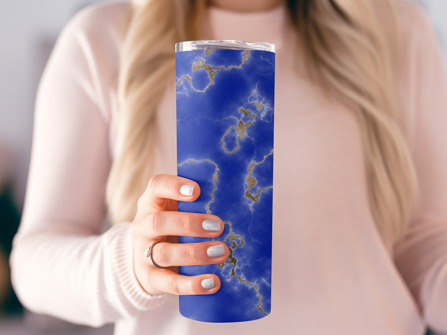 Elegant Blue and Gold Faux Marble Design Pattern Tumblers