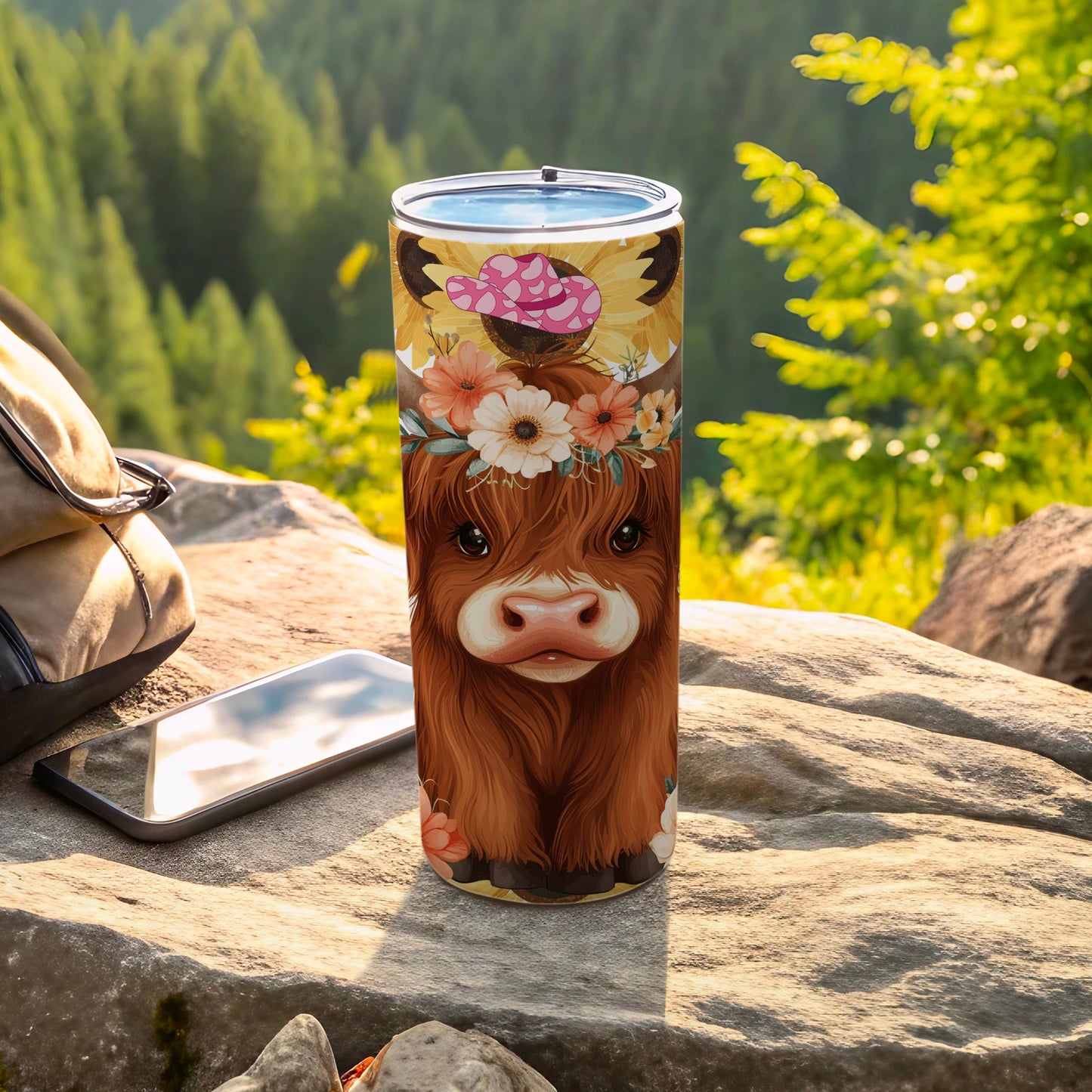 Highland Cow with Floral Decoration Drink Tumbler