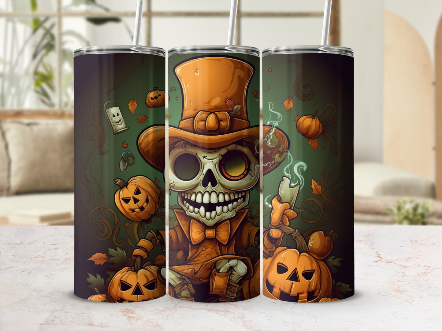 Halloween Skull with Pumpkin Design Tumbler Product