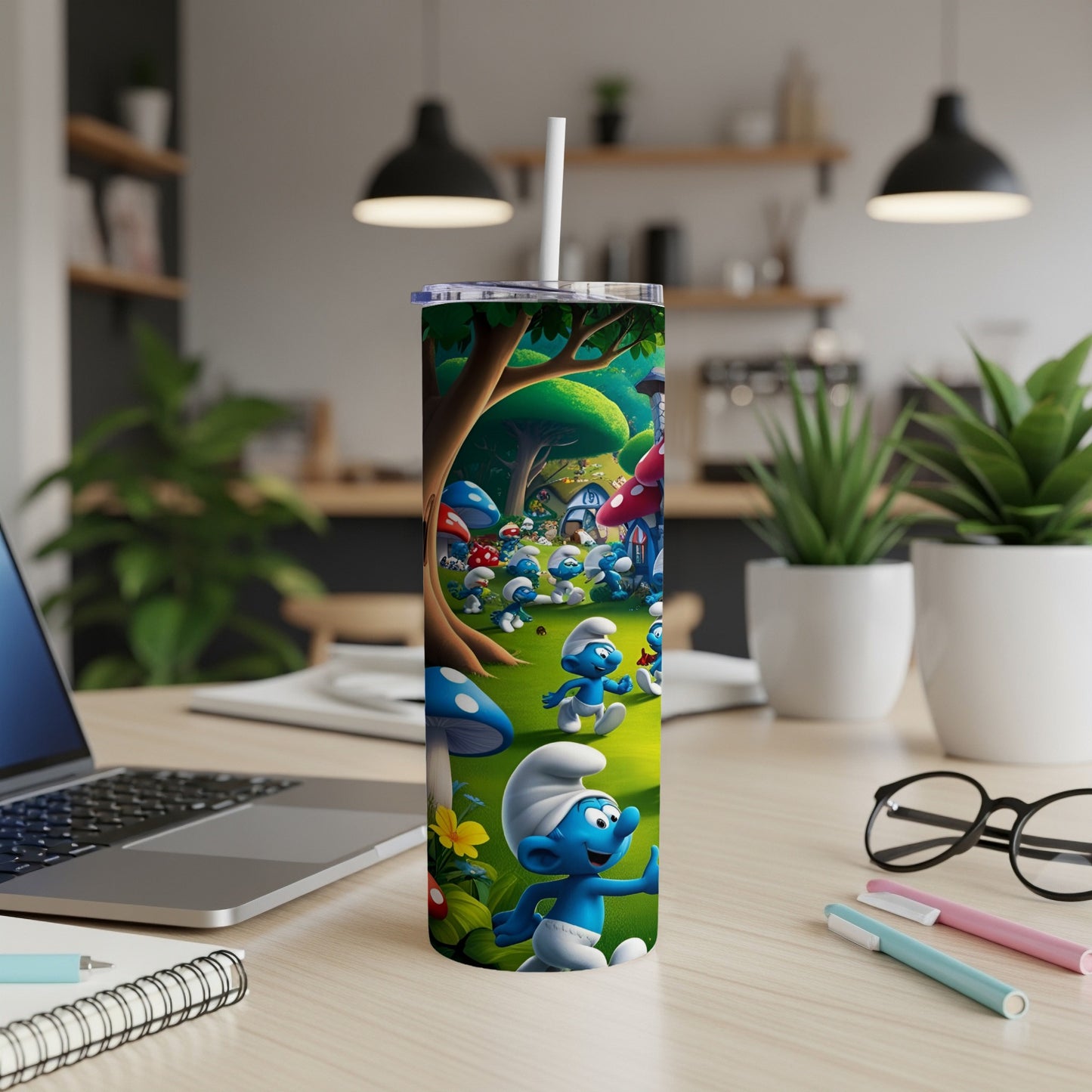 Smurfs in a village with mushroom houses and trees, on a tumbler.