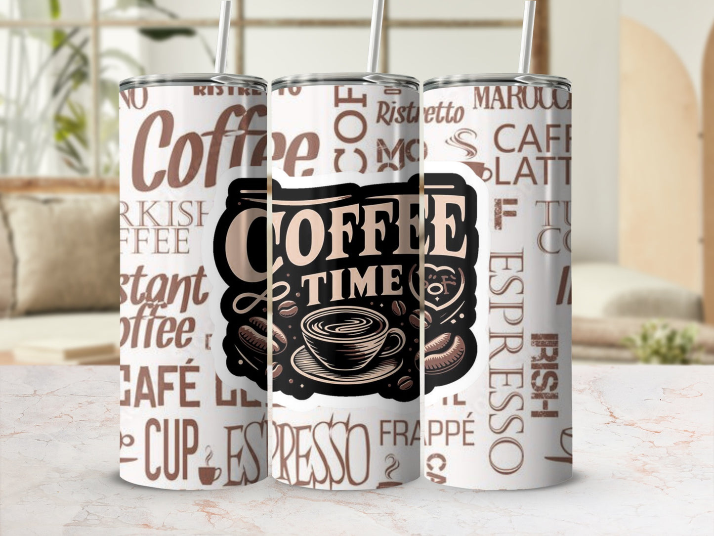 Coffee Time Themed Tumbler with Straw