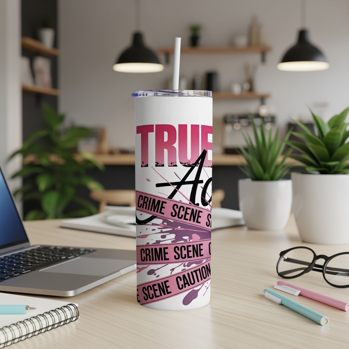 Tall tumbler with "True Ace" and pink crime scene tape design.