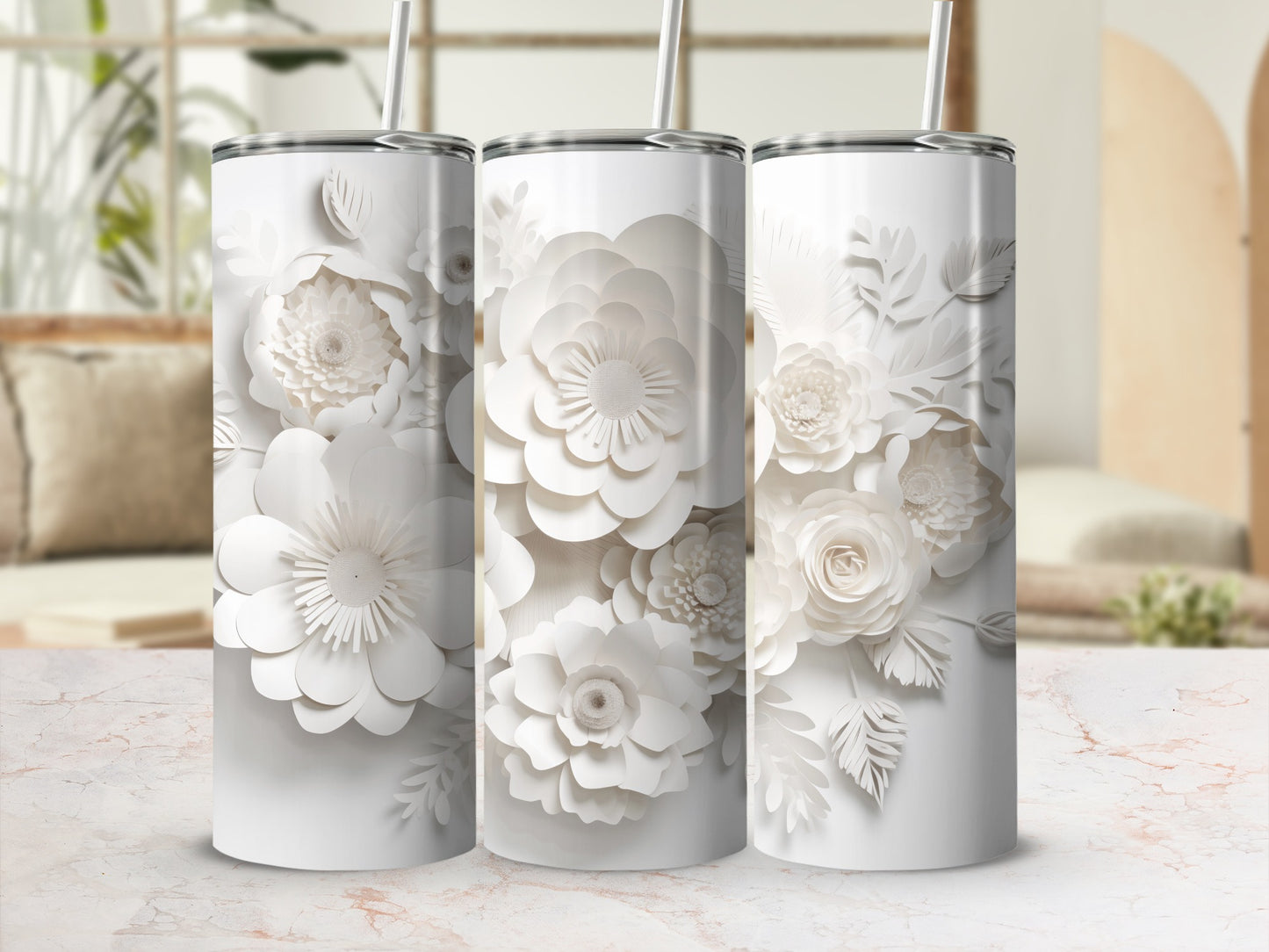 Elegant White 3D Floral Design Drinkware Set