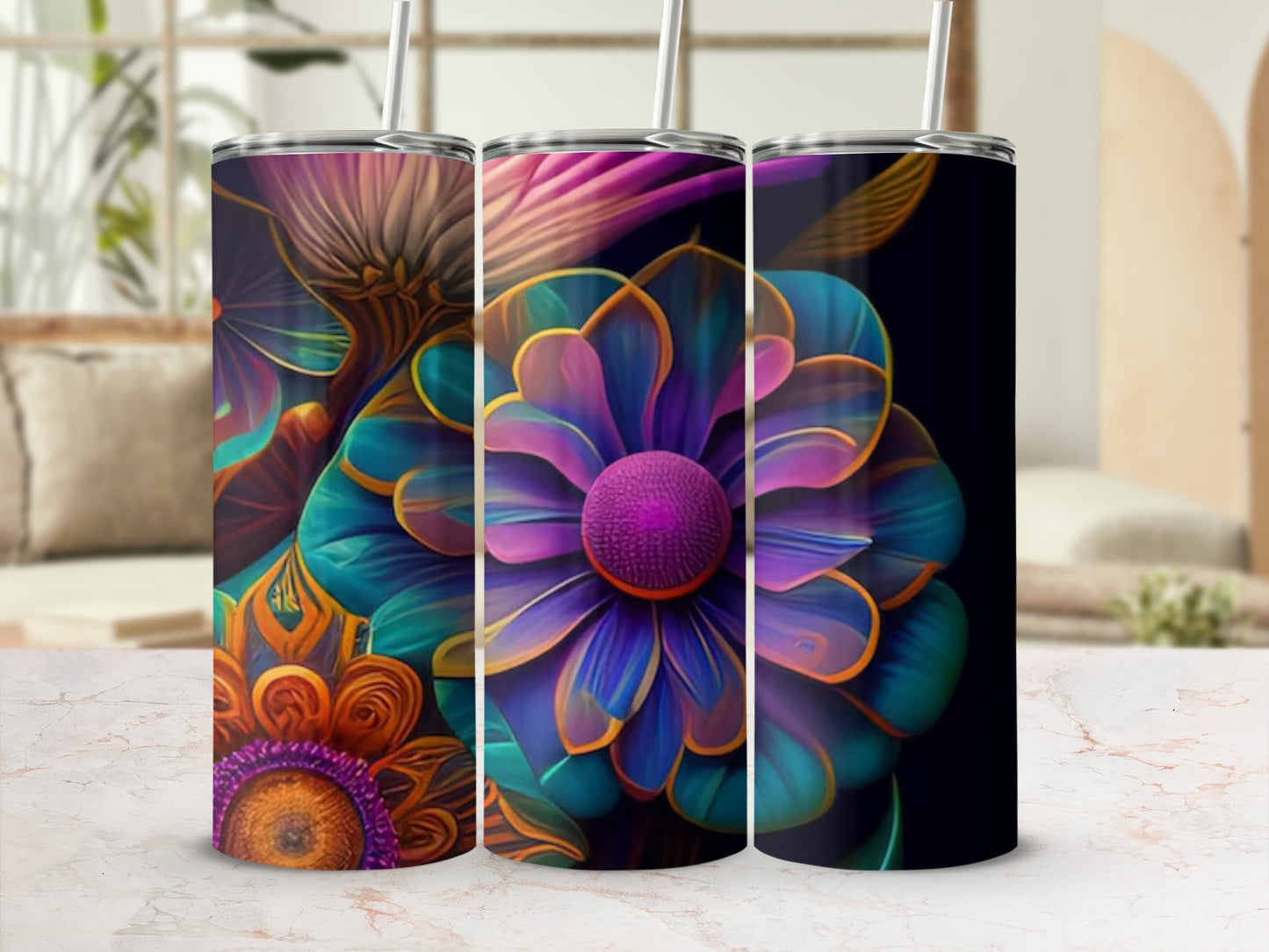 Colorful Gradient Floral Patterns Tumbler Set