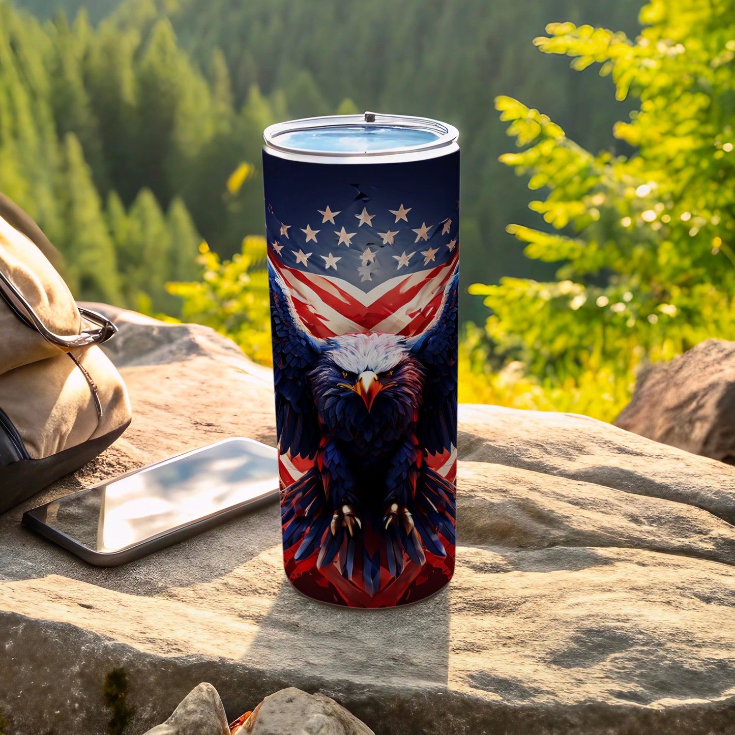 American eagle design on a stainless steel tumbler with flag background.