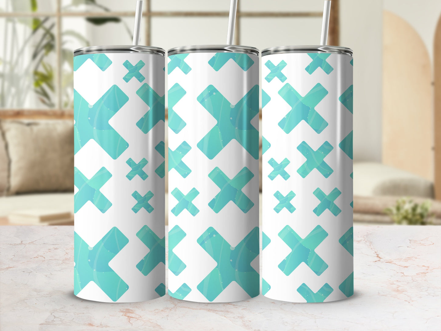 Turquoise X Pattern Insulated Tumbler Cup with Straw