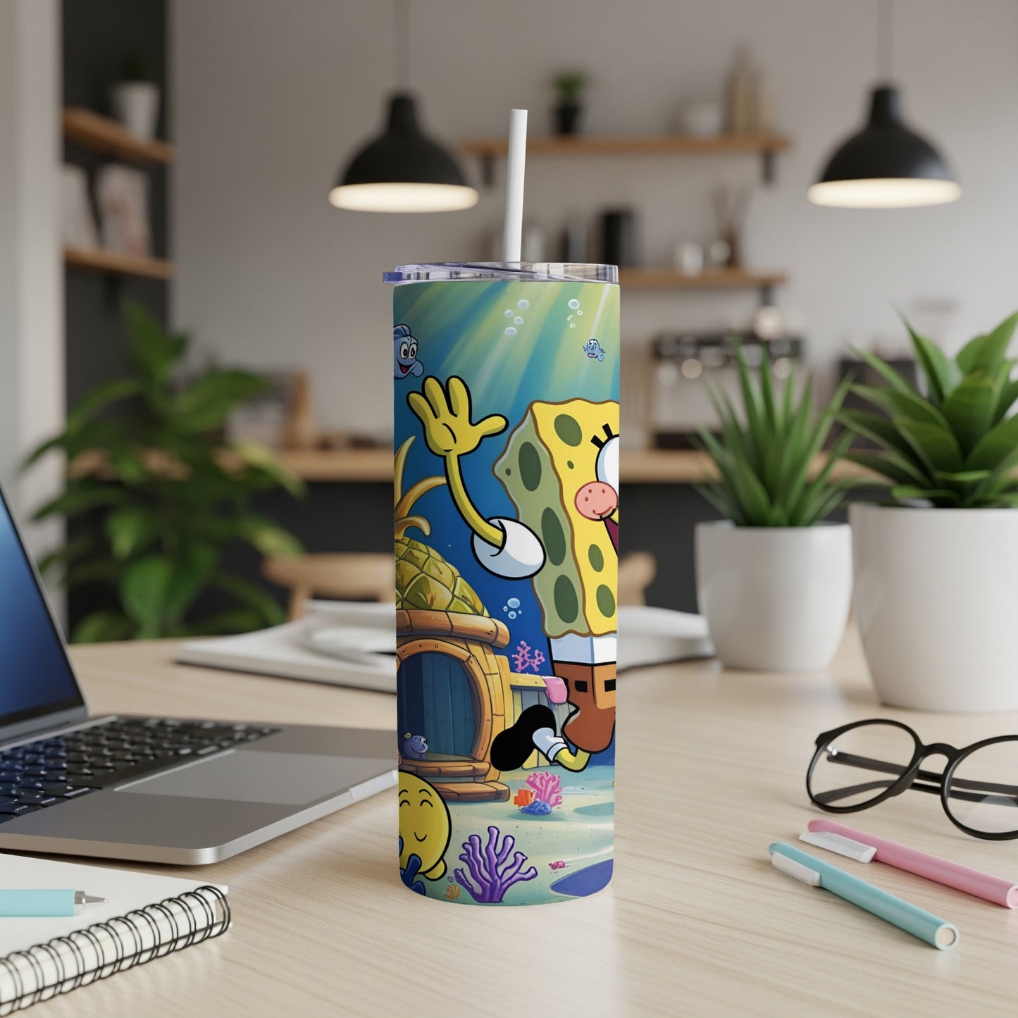 SpongeBob SquarePants character with Jellyfish Fields in the background on a tumbler.