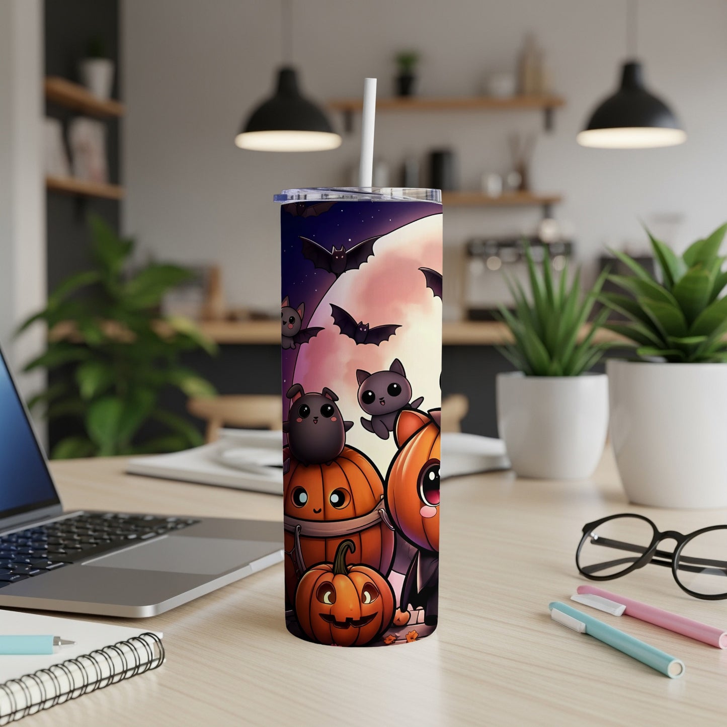 Halloween tumbler with pumpkins, bats, and cute black cats under a large moon.