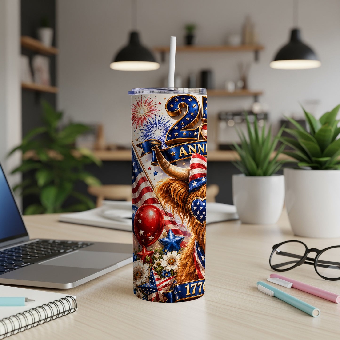 25th Anniversary patriotic tumbler with Highland cow and fireworks.