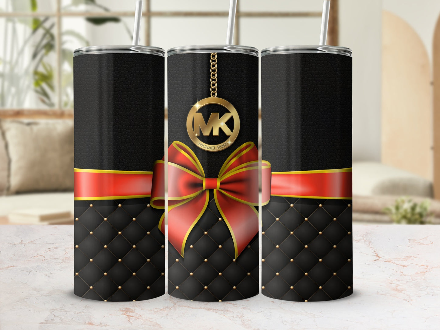 Elegant Black and Gold Tumbler with Red Bow Ornament