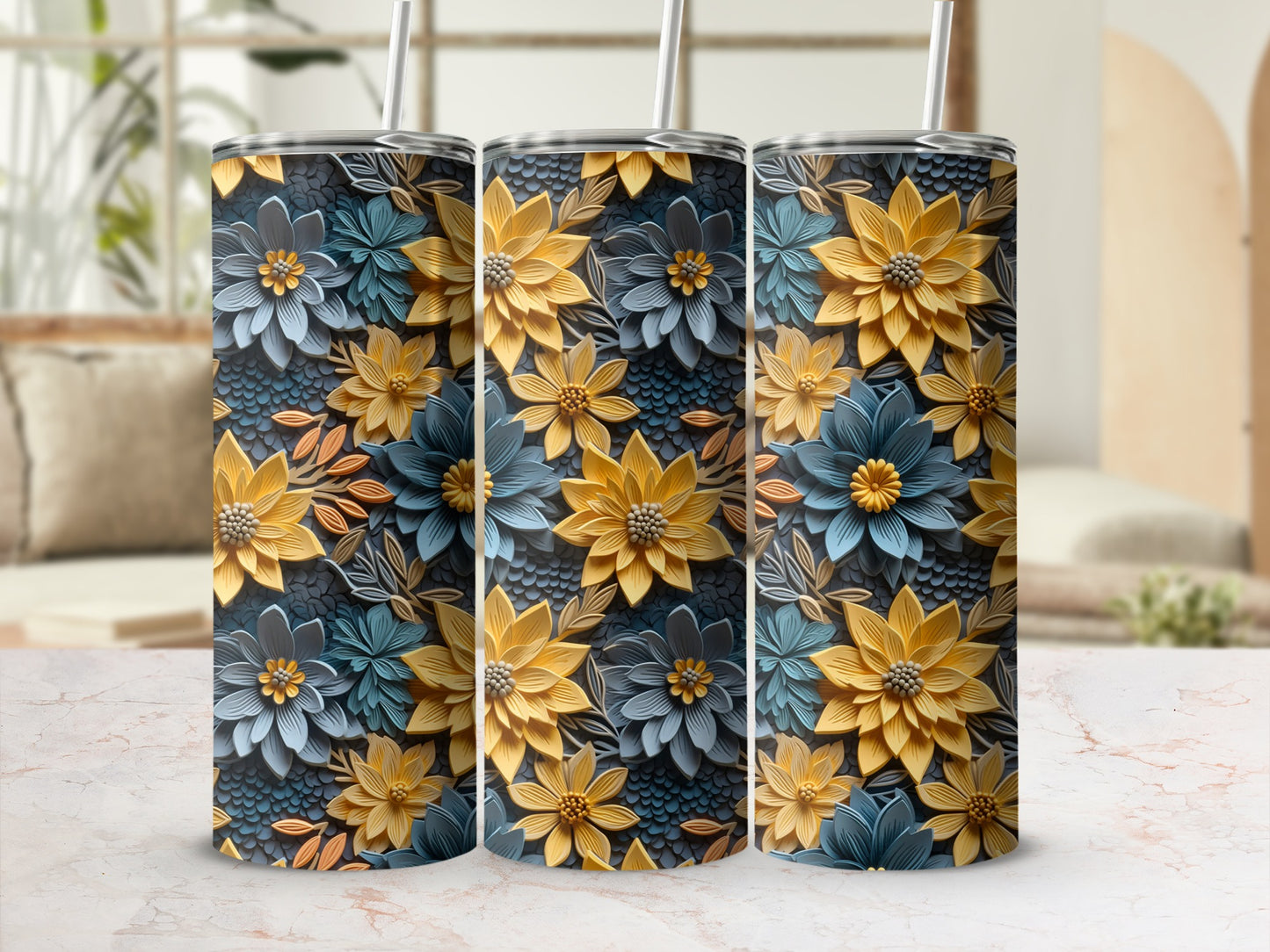 Vibrant Blue and Yellow Floral Steel Tumbler Product