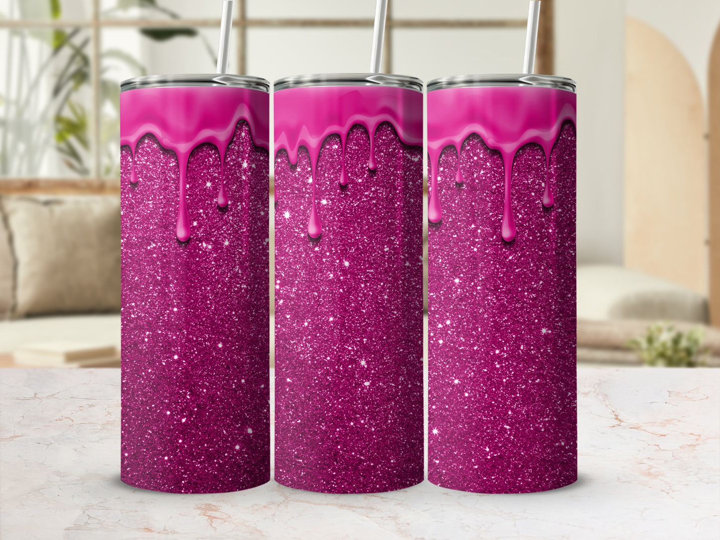 Sparkling Pink Glitter Tumbler With Dripping Design