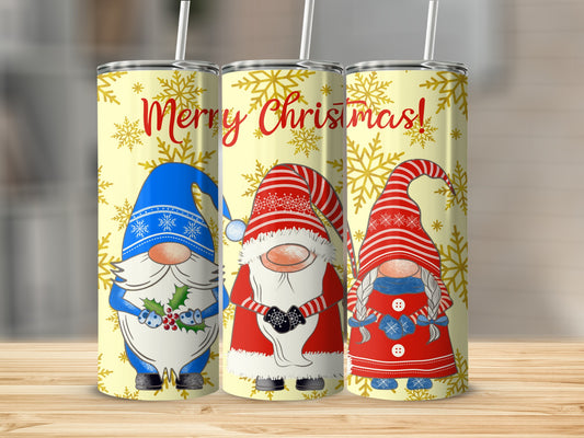 Three Christmas gnomes with snowflakes and "Merry Christmas" text.