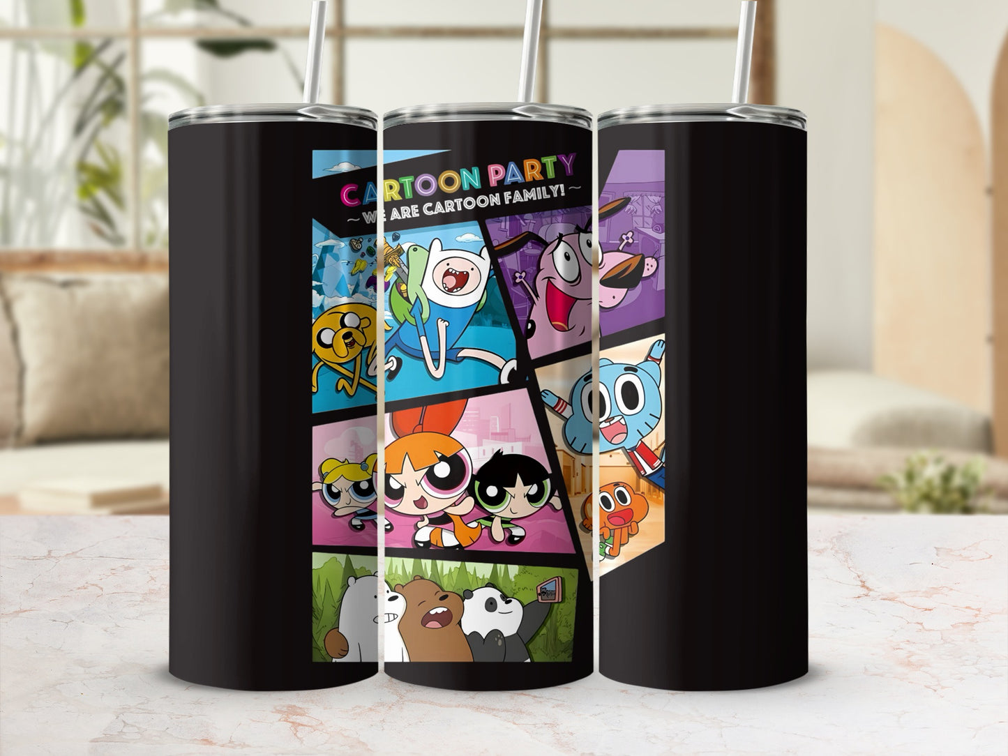 Fun Cartoon Party Characters on Stylish Tumbler