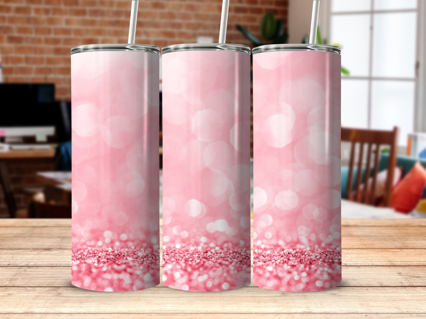 Pink Glitter Bokeh Tumbler with Straws 20 oz