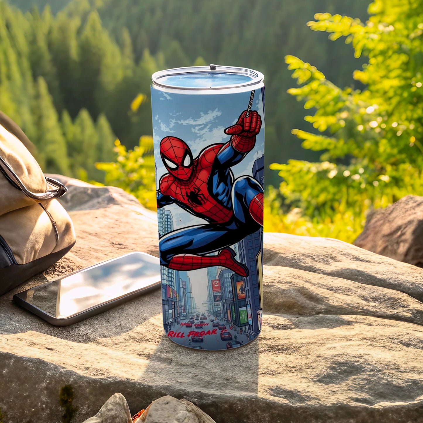 Spider-Man Swinging Over City Travel Tumbler