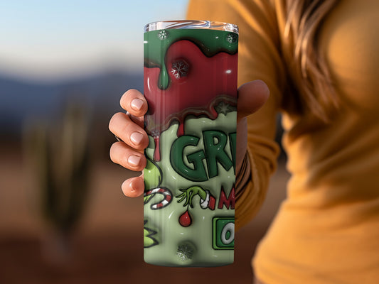 Holiday Themed Grinch Tumbler with Candy Cane Decor