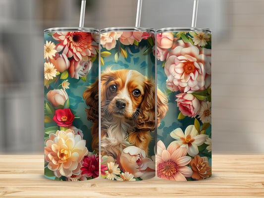 Dog portrait surrounded by vibrant floral illustrations on three tumblers.