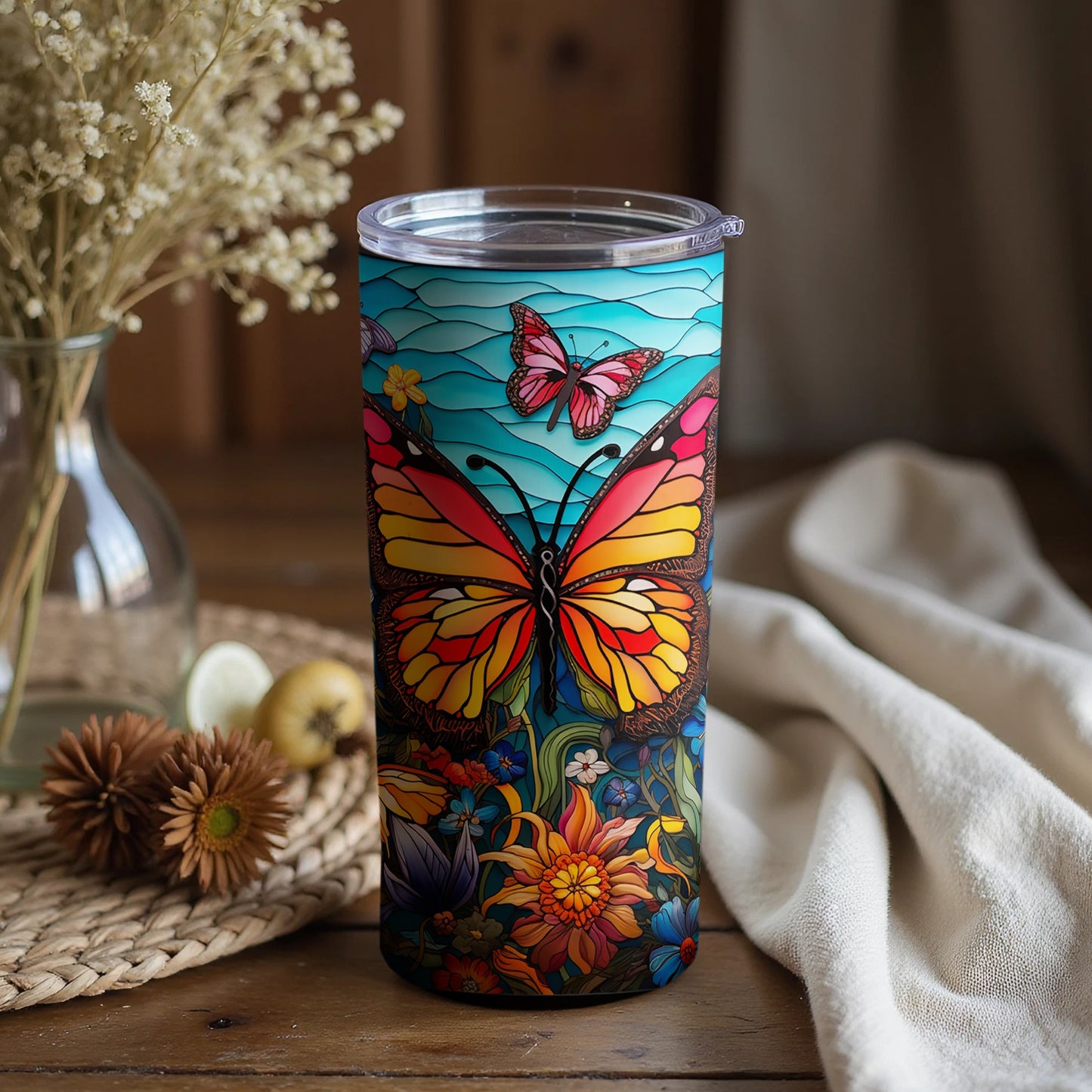 Colorful Butterfly and Floral Design Insulated Tumbler