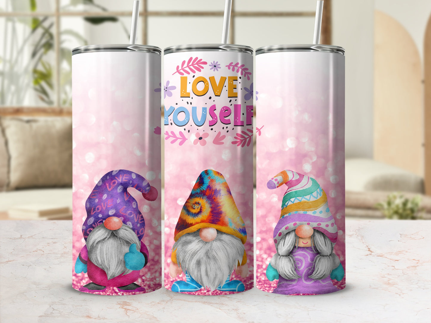 Love Yourself Gnome Print Tumbler with Straw