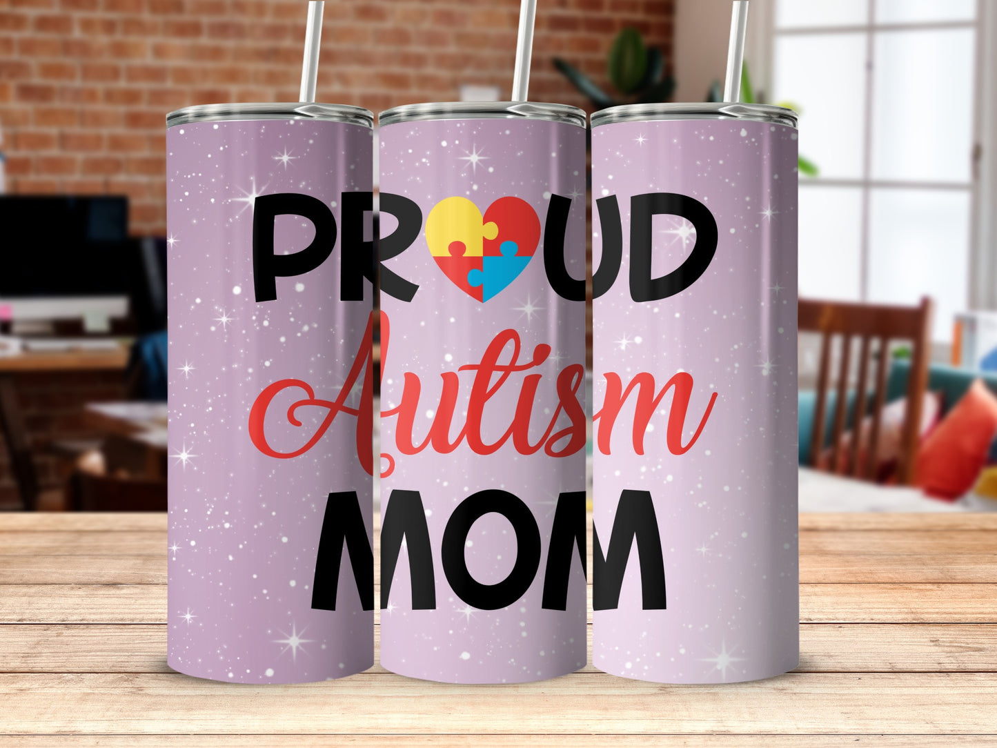 Proud Autism Mom Tumbler with Colorful Heart Design