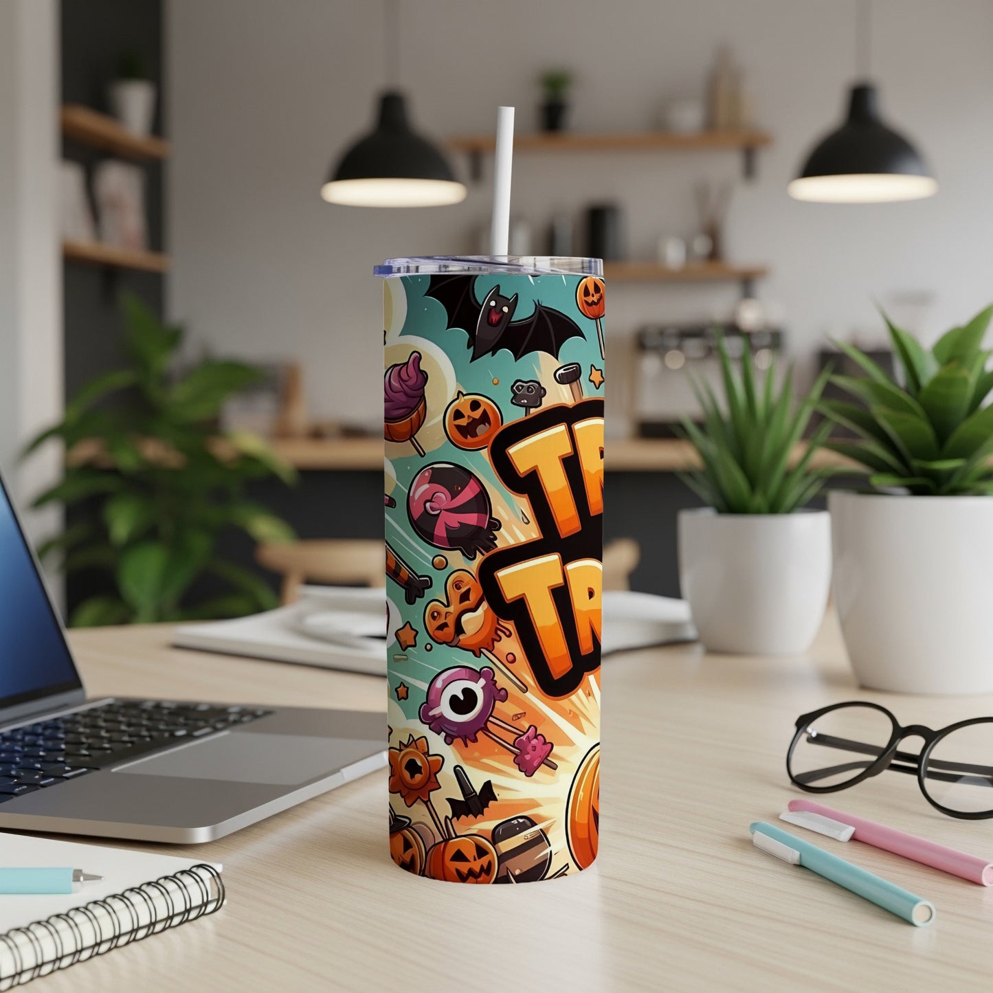 Halloween tumbler with bats, pumpkins, and candy, featuring "Trick or Treat" text.