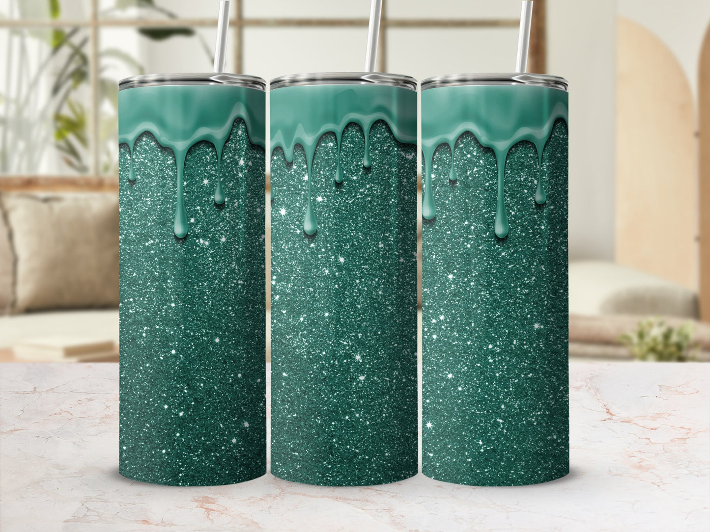 Sparkling Teal Tumbler with Dripping Effect Design