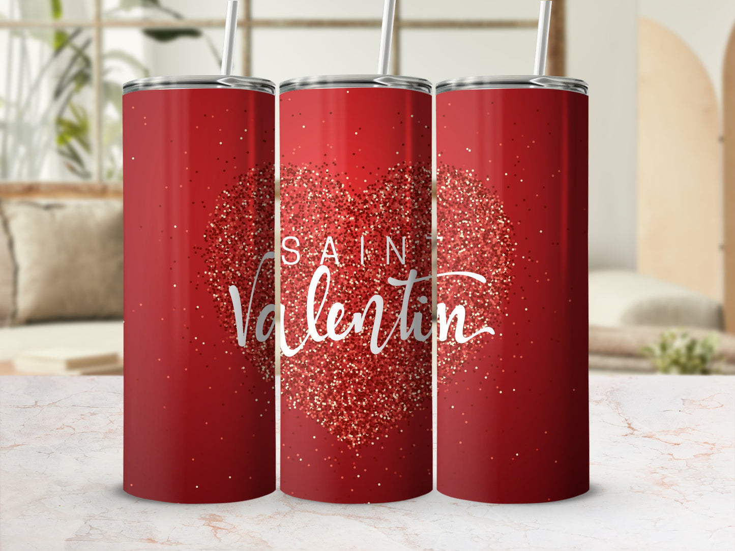 Valentine's Day Red Tumbler with Glitter Heart Design