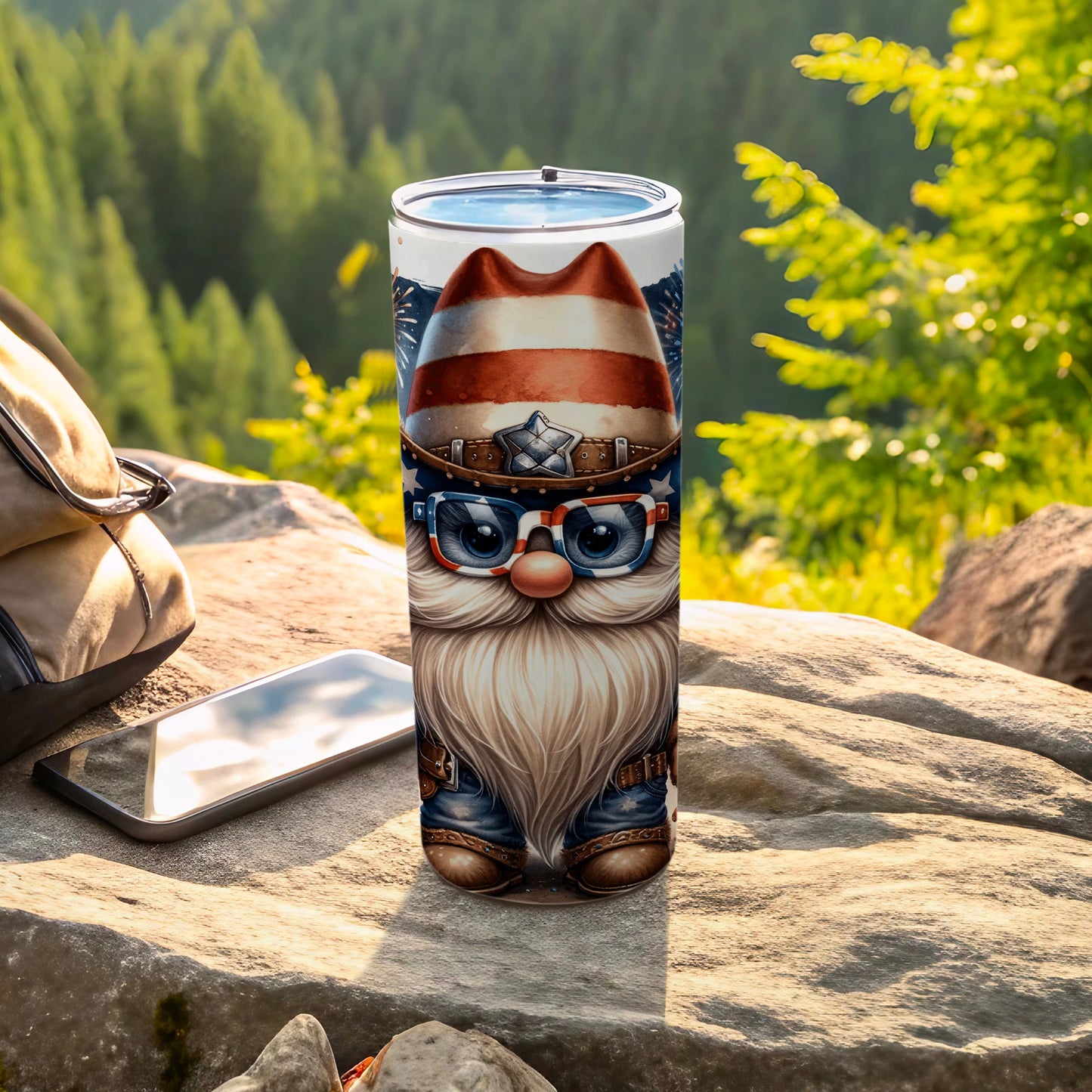 Patriotic gnome tumbler with stars, stripes, and blue denim clothing.