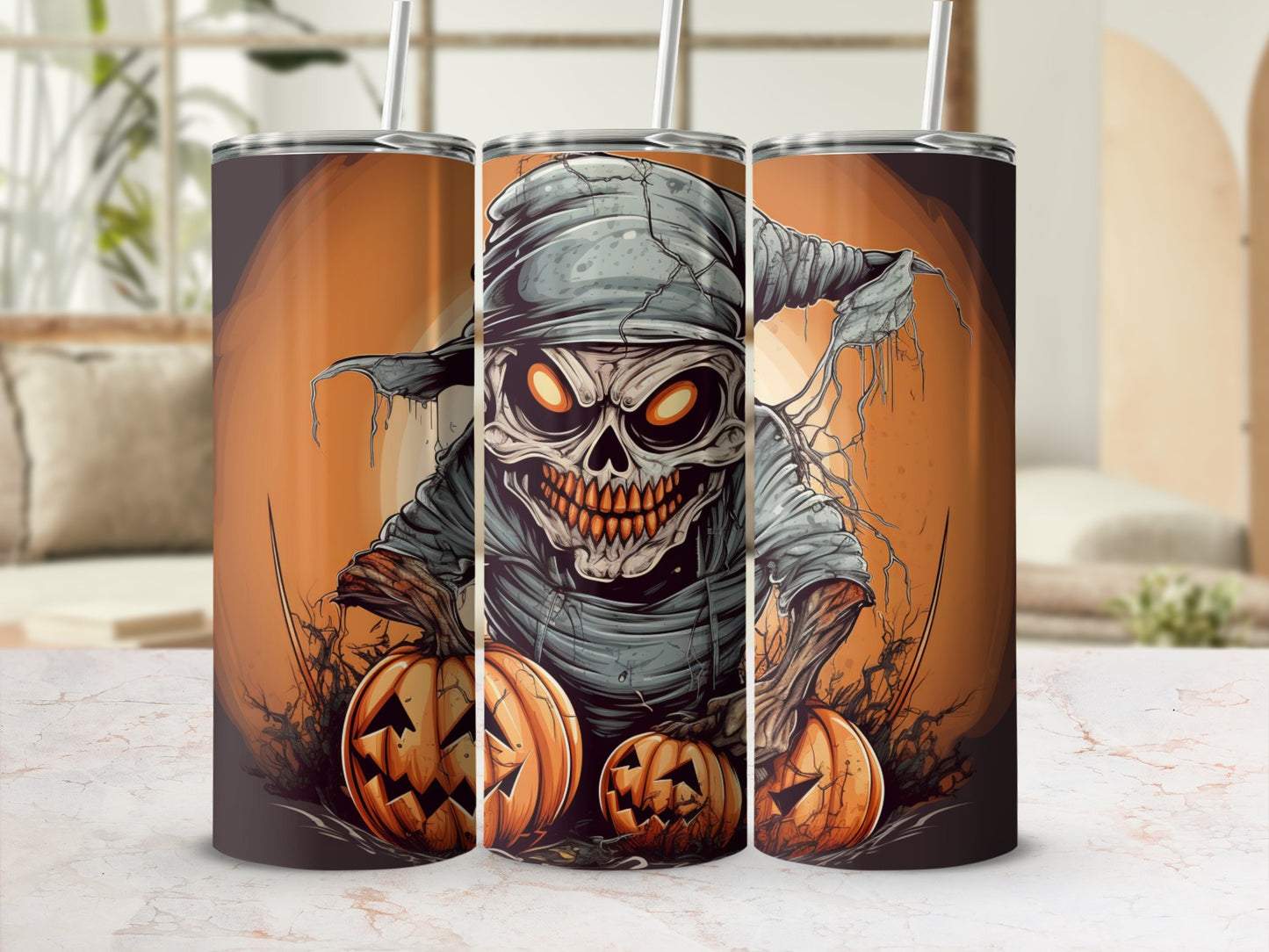 Halloween Themed Skeleton with Pumpkins Tumbler